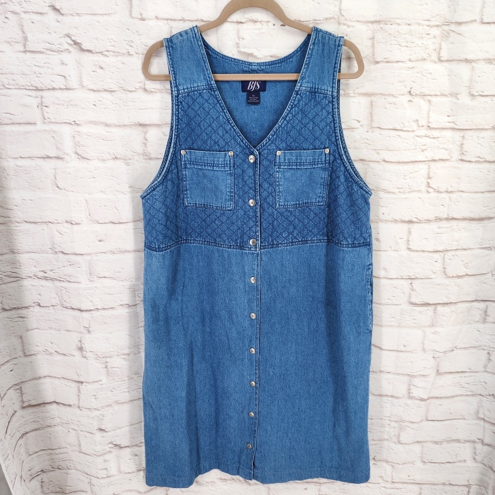 Vintage 90s Overall Dress Pinafore Denim 1X Prairie Teacher Midi‎ Button Front